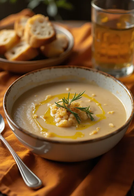 Açorda soup served with olive oil, garlic, and fresh parsley