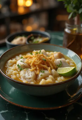 Fish Arroz Caldo served with fried fish fillet, scallions, and crispy garlic