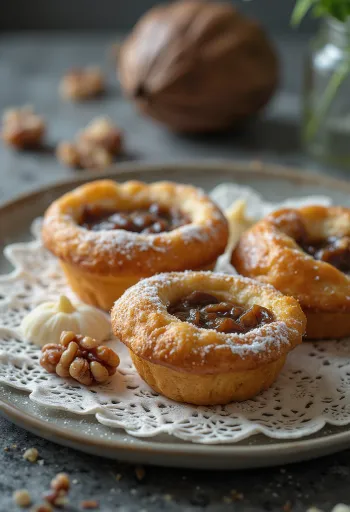 Golden brown walnut tartlets dusted with powdered sugar