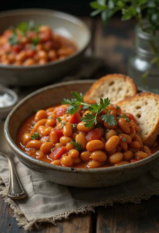 Greek baked giant beans served with whole wheat toast