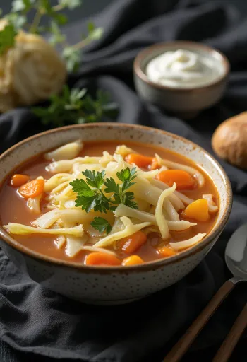 Steaming cabbage soup rich with vegetables and spices, garnished with fresh dill.