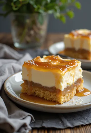Caramel cream cake slice with golden sponge and amber topping