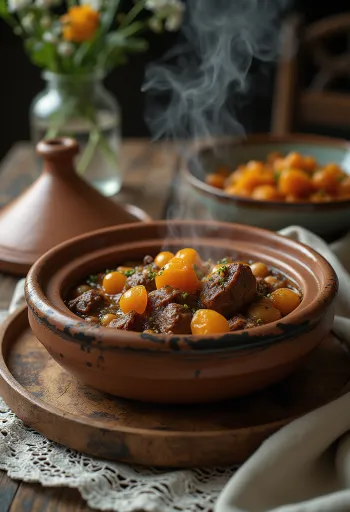 Moroccan tagine served in a clay pot, garnished with rich spices and colorful vegetables.