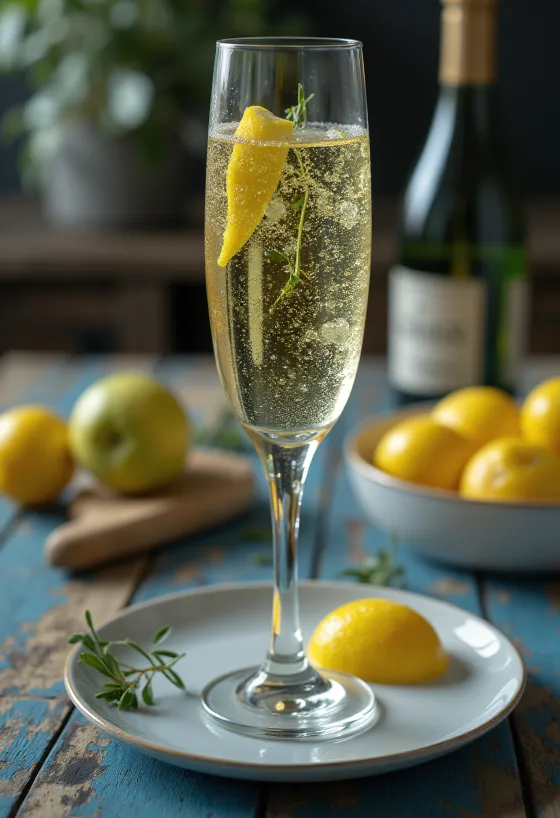 Italian prosecco cider in a glass decorated with rosemary