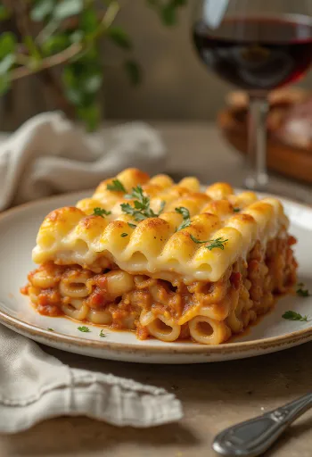 Slice of Pastitsio showing layers of pasta, meat, and bechamel