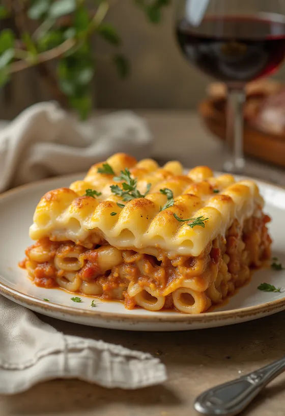 Slice of Pastitsio showing layers of pasta, meat, and bechamel