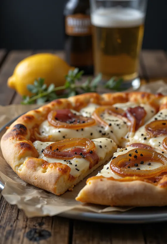 Pizza Alsacienne with cream, onions, and bacon