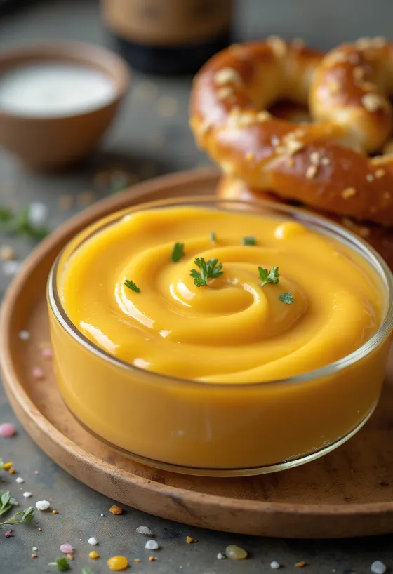 Beer cheddar cheese sauce in a bowl, garnished with fresh parsley, next to nachos.