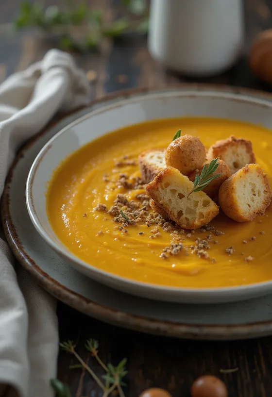 Pumpkin soup with spiced croutons served