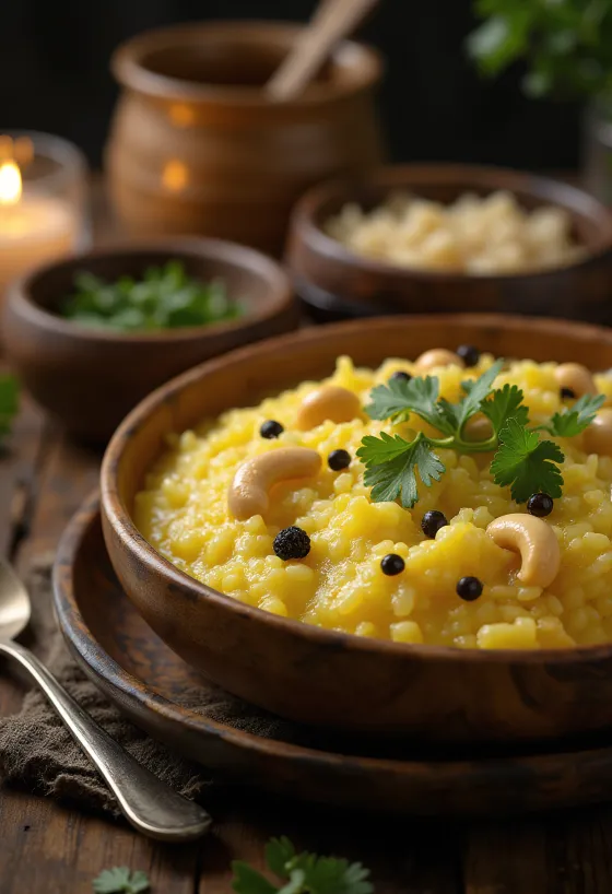 Tirupati Pongal served with fresh cilantro and peanuts