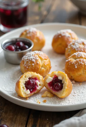 Æbleskiver pancake balls filled with cranberries and feta, dusted with sugar