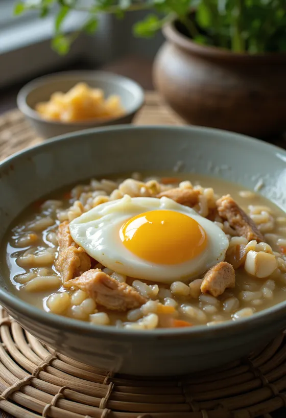 Chicken Arroz Caldo served with hard-boiled eggs, scallions, and fried garlic