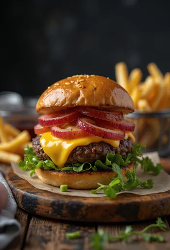 Bison burger with melted cheese and fresh vegetables