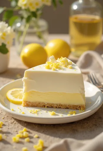 No-bake lemon yogurt cake garnished with fresh lemon slices