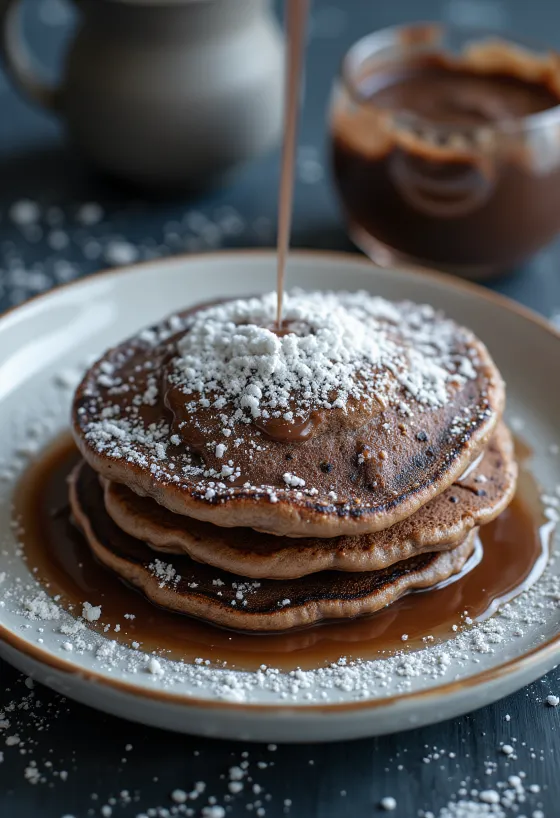 Cocoa crepes sprinkled with powdered sugar, served on a plate