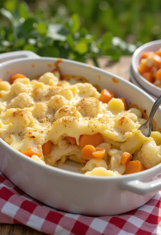 Baked cauliflower and potato casserole with cheese