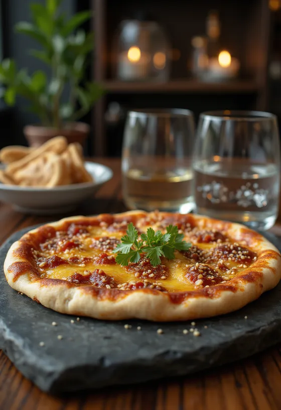 Spicy Manakish flatbread topped with red pepper paste and sesame seeds