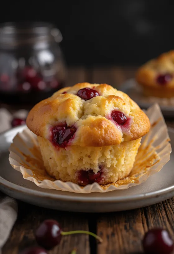 Fresh sour cherry muffins baked golden brown, sprinkled with powdered sugar