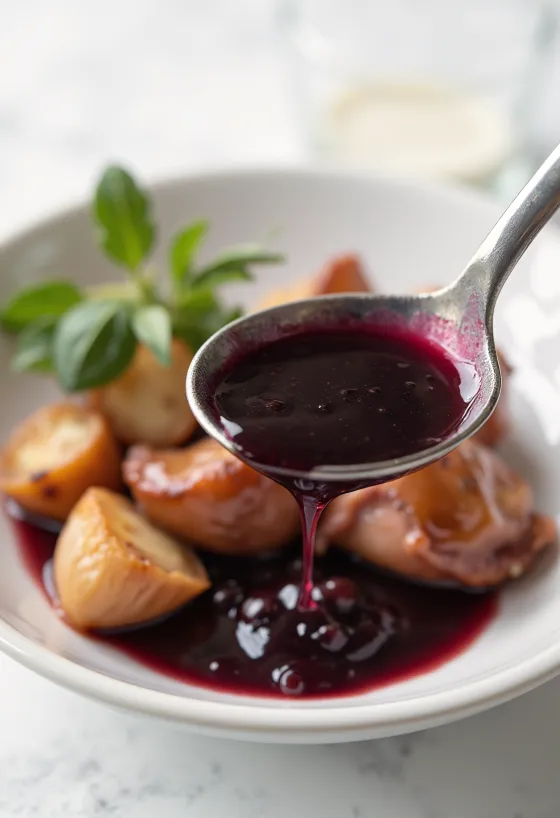 Honey garlic red wine sauce in a gravy boat