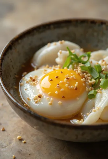 Onsen Tamago served in a small bowl with soy sauce and sesame seeds