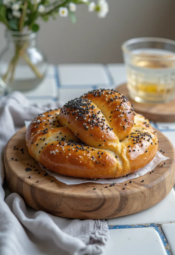 Homemade soft pretzel topped with poppy seeds