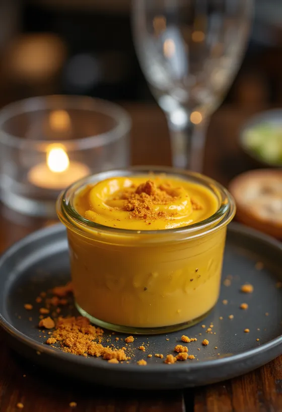 Beer chili mustard sauce in a bowl, garnished with fresh chili and mustard seeds.