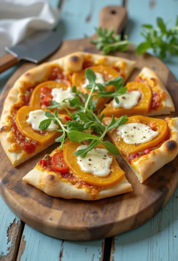 Pumpkin pizza with vegan cheese served