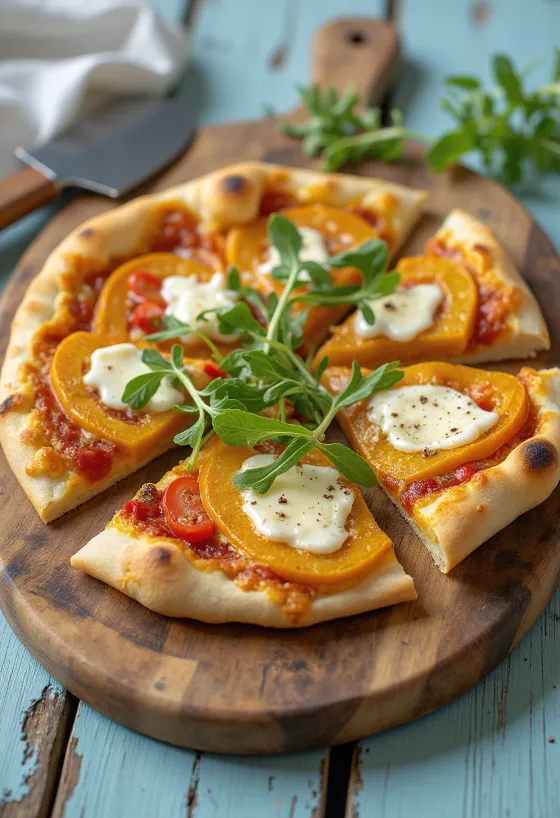 Pumpkin pizza with vegan cheese served