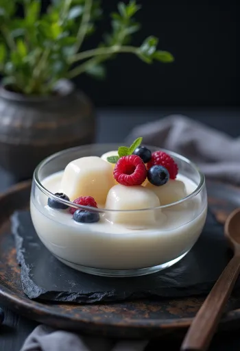 Warabi mochi cubes served over tofu pudding with berries