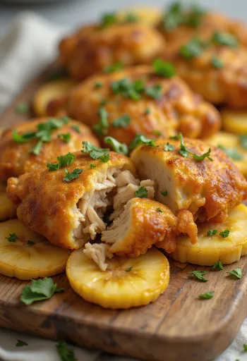 Chicken stuffed Acarajé with tapioca balls, served with fried plantains and cilantro