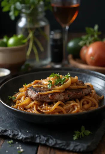 Bistec Encebollado served with onions and side dish