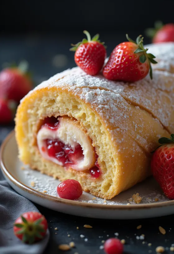 Strawberry Swiss roll sliced and served with fresh strawberries