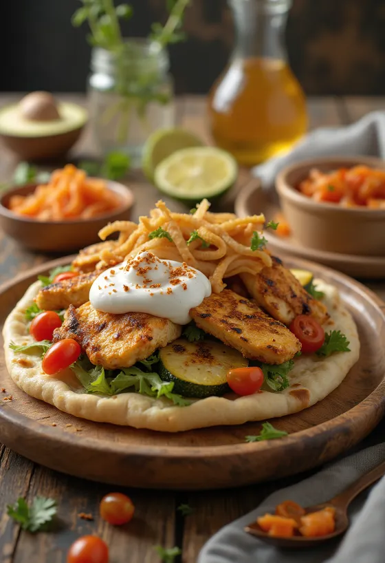 Fusion gyro on naan bread with curry tzatziki and kimchi