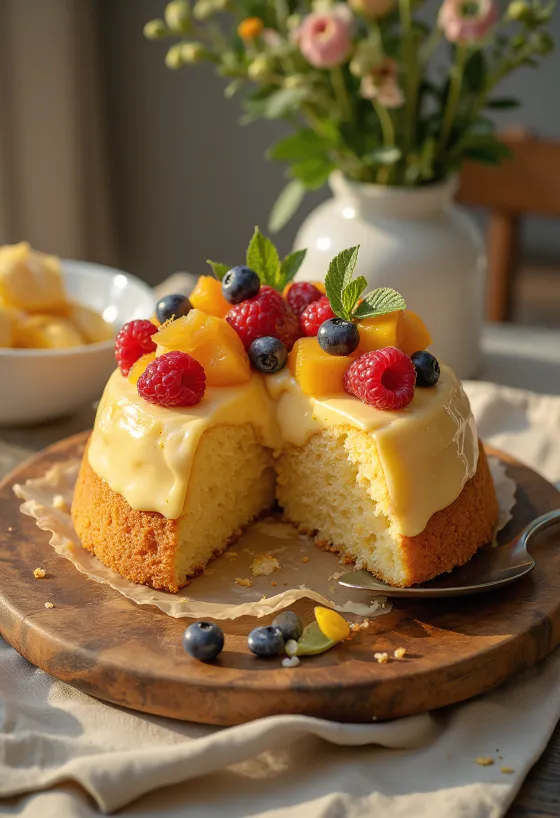 Fresh fruit tart with colorful fruits and shiny glaze