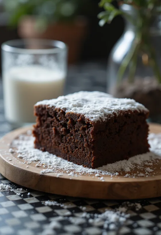 Cocoa cake cut into slices, sprinkled with powdered sugar