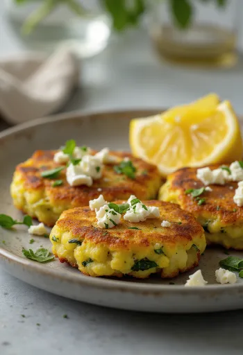 Kolokithokeftedes with feta cheese, served with fresh parsley and lemon slices