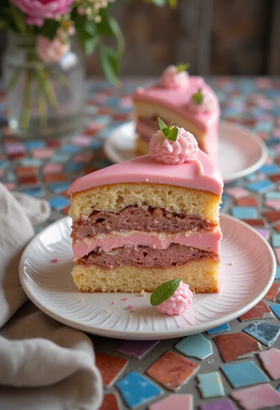 Punch cake covered in pink glaze, decorated with chocolate stripes and candied fruit.