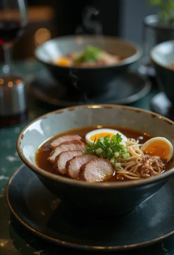 Ramen bowl with seared duck breast, noodles, and toppings