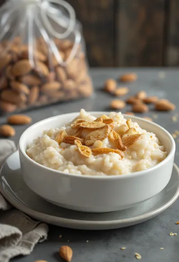 Creamy Danish risengrød served topped with crunchy almond pieces