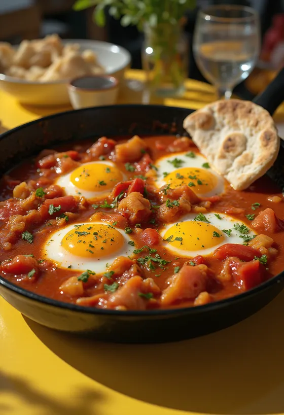 Turkish Shakshuka with poached eggs and fresh herbs in a skillet