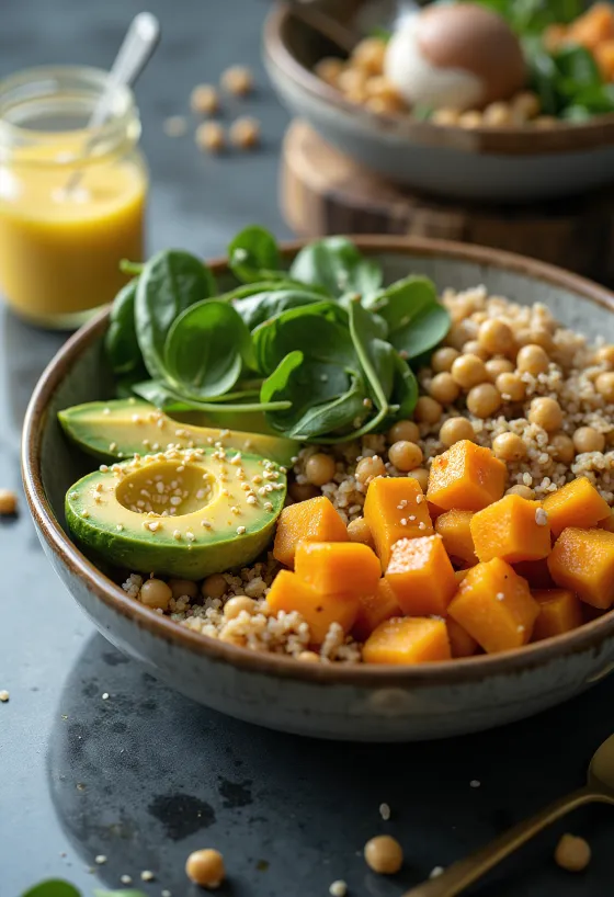 Pumpkin quinoa Buddha bowl with fresh vegetables