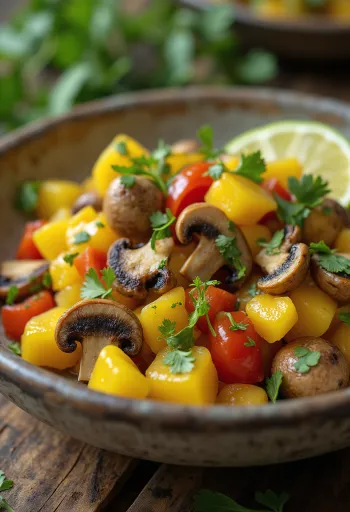 Ackee and mushrooms served with fresh cilantro and lime wedges
