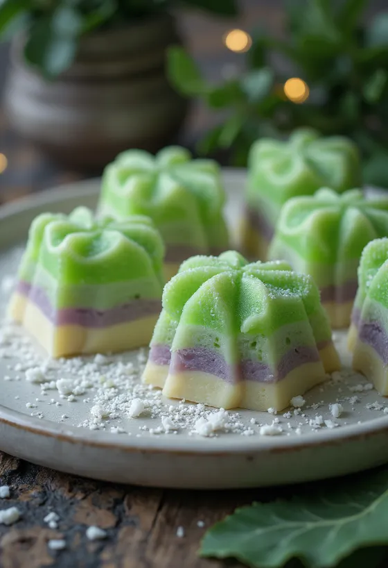 Steamed pandan and taro layer cake served on a plate