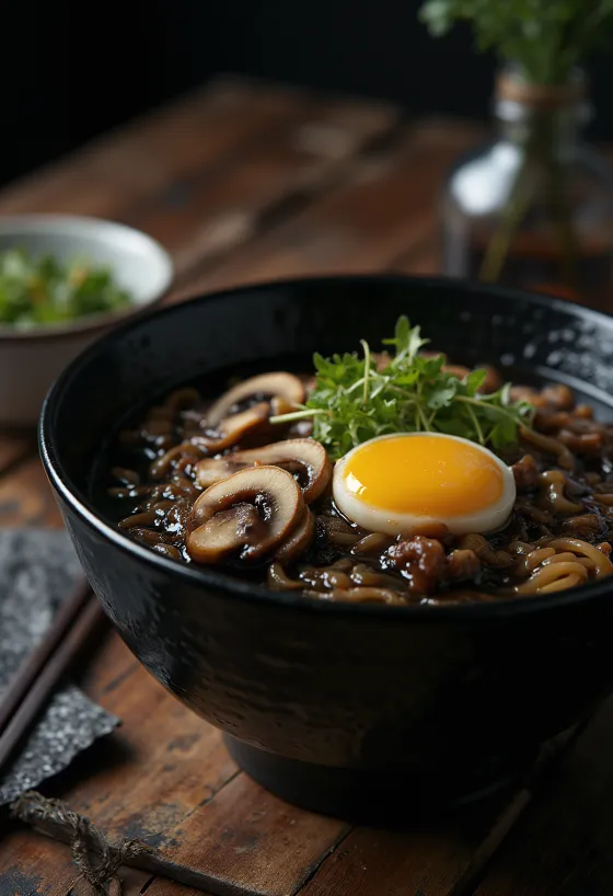 Black garlic ramen served in a bowl