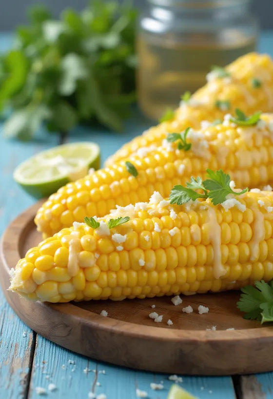 Elote with Mayonnaise - fresh corn served with mayonnaise, cheese, and sour cream
