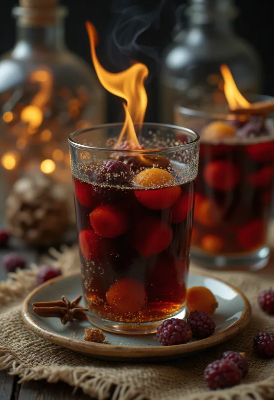 Flaming sugar cone dripping into a bowl of spiced wine