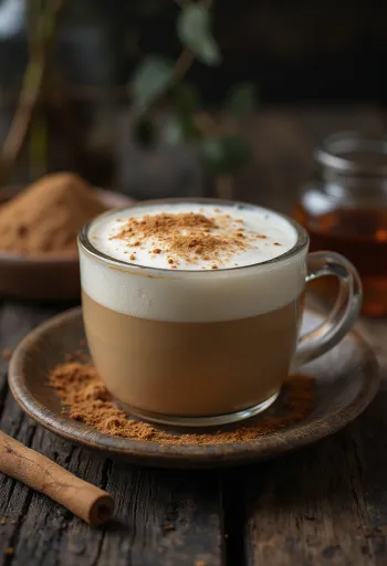 Honey Chai Latte served with cinnamon stick and spices