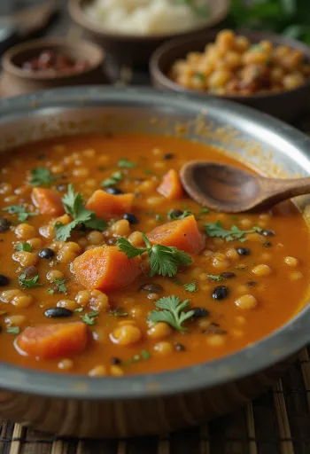 Spicy lentil rasam garnished with fresh cilantro