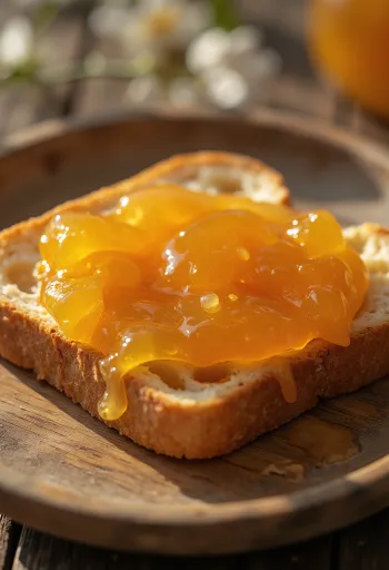 Homemade apricot jam made from fresh, ripe peaches filled in a jar