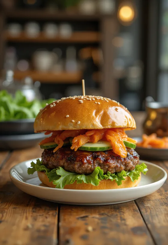 Bulgogi burger served with lettuce and kimchi